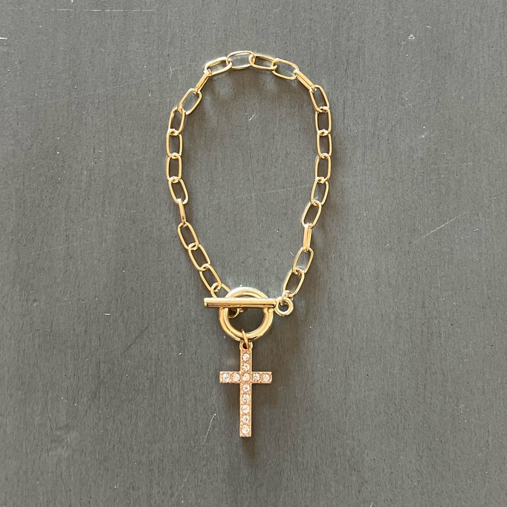 Cross Gold Rhinestone Charm Chain Paperclip Link Toggle Bracelet Christian Faith